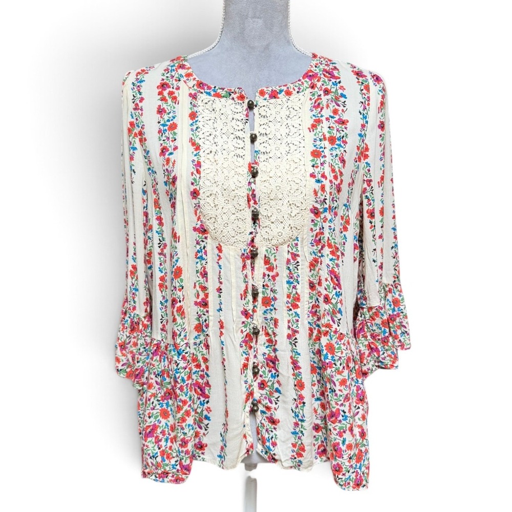 Maeve Anthropologie Floral Lace Blouse 10 White Bell Sleeve Top Romantic Boho